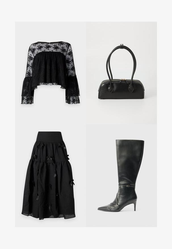 Zwarte blouse met lange klokmouwen, met een textuur van geribbeld materiaal en een doorschijnende bloemenkant overlay. Geronde halslijn en sluiting met knopen op de rug.; Sister Jane BIRDIE BOW MIDI SKIRT - A-lijn rok - black; Zwarte leren kniehoge laarzen met een slanke hak, puntige neus en banddetail bij de enkel. Gladde textuur en aansluitend ontwerp.; Zwarte leren handtas met twee verlengde handvatten, ritsluiting en ronde vorm; gladde textuur met subtiele glanzende afwerking.