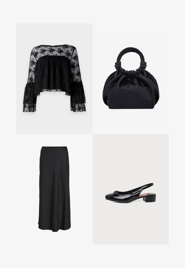 Schwarze Bluse mit langen Glockenärmeln, ausgestattet mit einem strukturierten gerippten Oberteil und einem transparenten floralen Spitzenüberzug. Gerundeter Ausschnitt und Knopfverschluss hinten.; Schwarzer Maxirock aus glattem, leichtem Stoff. Verfügt über eine einfache A-Linien-Silhouette mit leicht ausgestelltem Saum und ohne sichtbare Verschlüsse.; Schwarzer Slingback-Schuh aus Lackleder mit niedrigem Blockabsatz und kleinem Schleifendetail an der abgerundeten Spitze, seitlich auf weißem Hintergrund gezeigt.; Schwarze weiche Stoffhandtasche mit gerafftem oberen Rand und runden, gepolsterten Griffen, die auf jeder Seite mit Knoten gebunden sind.