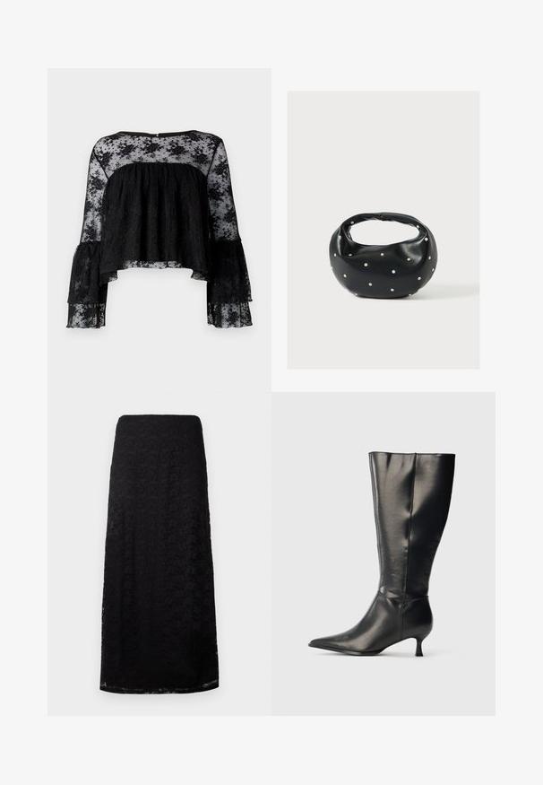 Zwarte blouse met lange klokmouwen, met een textuur van geribbeld materiaal en een doorschijnende bloemenkant overlay. Geronde halslijn en sluiting met knopen op de rug.; Zwarte kanten midi-skirt met bloemenpatroon, rechte snit en subtiele textuur, gepresenteerd tegen een effen witte achtergrond.; Zwarte leren kniehoge laars met puntige neus en lage kittenhak, weergegeven op een effen lichte achtergrond.; Zwarte leren handtas met een afgeronde vorm, versierd met zilveren studs, en een korte handgreep. Gladde textuur en ritsluiting.