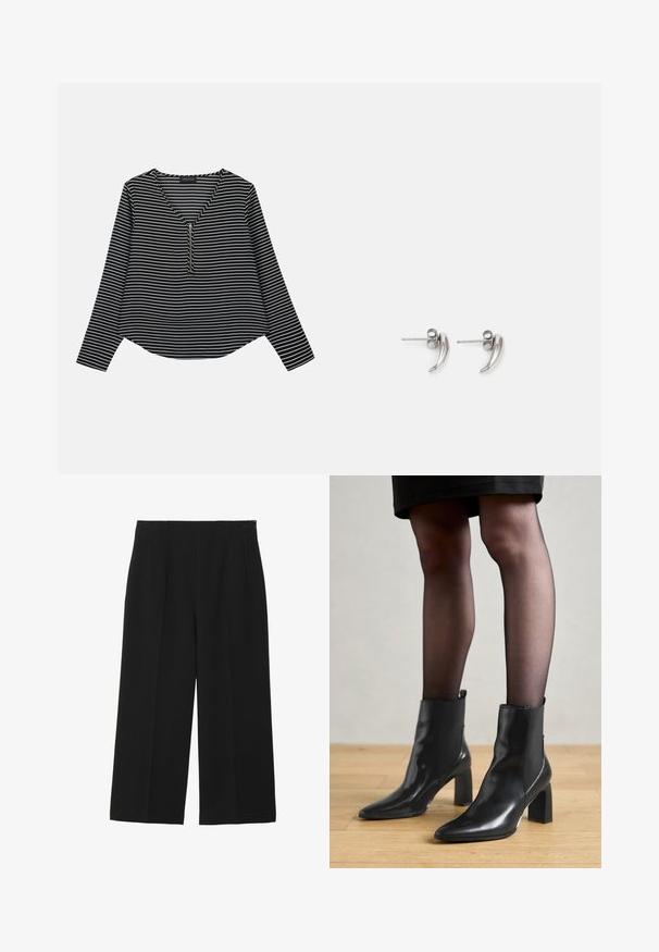 Zwart-witte gestreepte longsleeve top met een v-hals en een rits in het midden. De stof lijkt glad, met een ontspannen, iets cropped pasvorm.; Zwarte wijde broek gemaakt van een gladde stof, met twee voorkruiszakken, een vlakke voorkant en een ritssluiting aan de zijkant.; Zwarte leren enkellaarsjes met een spitse neus, stevige vierkante hak en een fraaie uitstraling. Beschikt over elastische zijpanelen voor gemakkelijke aan- en uittrekken.; Zilverkleurige studoorknopen met een gebogen ontwerp, voorzien van een gladde textuur en een strakke afwerking. Minimalistische stijl en lichte constructie.