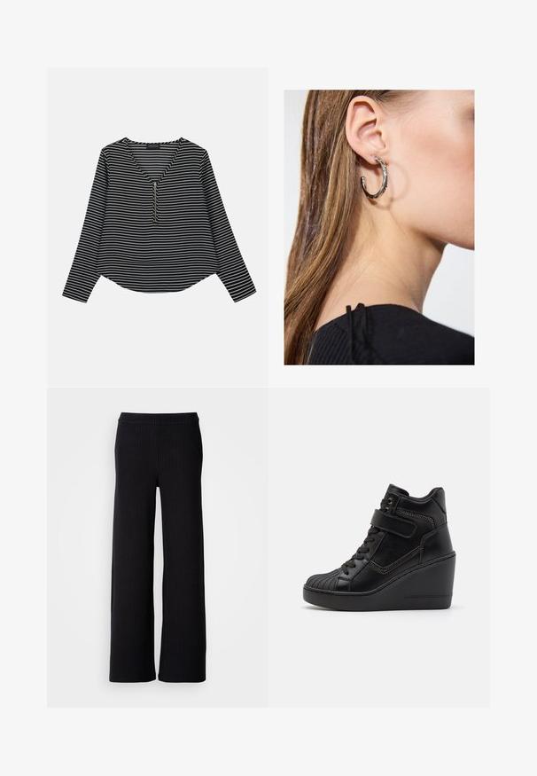 Zwart-witte gestreepte longsleeve top met een v-hals en een rits in het midden. De stof lijkt glad, met een ontspannen, iets cropped pasvorm.; Zwarte, wijde broek met verticale banen, gemaakt van een gestructureerde stof. Voorzien van een elastische tailleband voor comfort.; Zwarte hoge wedge sneakers van glad leer, met vetersluiting aan de voorkant, verstelbare band en decoratieve ritsaccenten.; Zilveren oorbel met een gepolijste afwerking, met kleine gouden accentdetails en een ronde vorm, gedragen op de oorlel.