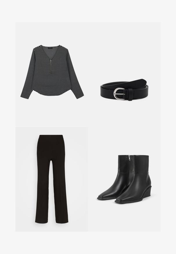 Zwart-witte gestreepte longsleeve top met een v-hals en een rits in het midden. De stof lijkt glad, met een ontspannen, iets cropped pasvorm.; Zwarte, wijde broek gemaakt van een zachte stof met een aansluitende hoge tailleband en zonder zichtbare hardware of patronen.; Een paar zwarte leren enkellaarsjes met puntige neuzen, sleehakken en zijritssluitingen op een effen lichte achtergrond.; Zwarte leren riem met een zilveren ronde gesp, vlak ontwerp, taps toelopend uiteinde, gladde textuur en minimalistische stijl.
