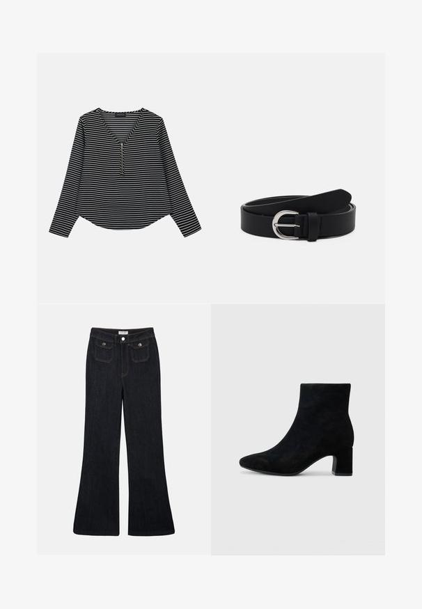 Zwart-witte gestreepte longsleeve top met een v-hals en een rits in het midden. De stof lijkt glad, met een ontspannen, iets cropped pasvorm.; Flared donkerdenim jeans met een hoge taille, twee voorzakken en oranje stiksels. Het materiaal lijkt stevig en glad.; Zwarte suede enkellaarsjes met een spitse neus en een lage blokhak, met een gladde textuur en een minimalistisch ontwerp.; Zwarte leren riem met een zilveren ronde gesp, vlak ontwerp, taps toelopend uiteinde, gladde textuur en minimalistische stijl.