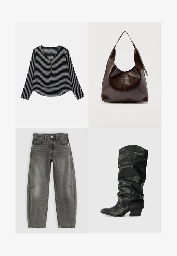 Sort-hvide stribede langærmede trøje med v-hals og en midterskide. Stoffet ser glat ud, med en afslappet, let cropped pasform.; Højtaljede gråvaskede denimjeans med fem lommer, knaplukning og en afslappet lige pasform.; Sorte læderknæhøje støvler med et skrånet design, spids tå og chunky hæl, der har en glat overflade og minimal syning.; Mørkebrunt, skinnende læder skuldertaske med en enkelt bred rem og spændedetalje på den ene side, sat mod en ensartet lys baggrund.