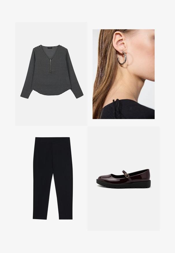 Top de manga larga a rayas blanco y negro con escote en V y cremallera en el centro. La tela parece suave, con un ajuste relajado y ligeramente corto.; Leggins negros hechos de una tela elástica, con una cinturilla elástica y una textura suave. Sin patrones visibles ni detalles de hardware.; Zapatos Mary Jane en burdeos brillante con punta redondeada, correa ajustable con hebilla y suela de plataforma texturizada negra.; Pendiente de aro de plata con un acabado pulido, que presenta pequeños detalles en dorado y una forma redonda, llevado en el lóbulo.