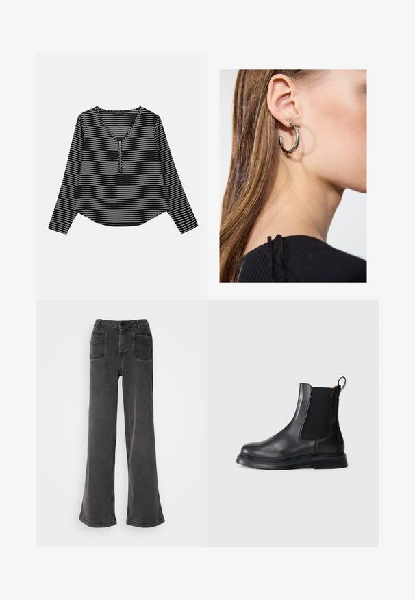 Sort-hvide stribede langærmede trøje med v-hals og en midterskide. Stoffet ser glat ud, med en afslappet, let cropped pasform.; Høj talje, brede ben sorte jeans lavet af denim, med knaplukning, bæltestropper og to baglommer med syninger.; Sorte læder Chelsea-støvler med elastiske sidepaneler, rund tå og en tekstureret sort gummisål. Har en løftestrop for nem påtagning.; Sølv hoop ørestik med en poleret overflade, prydet med små guld accenter og en rund form, båret på øreflippen.