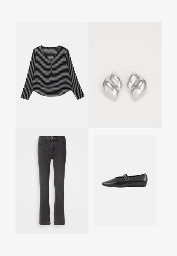 Schwarz-weißer gestreifter Langarm-Top mit V-Ausschnitt und einem Reißverschluss in der Mitte. Der Stoff wirkt glatt, mit einer lockeren, leicht verkürzten Passform.; Schwarze Denim-Jeans mit geradem Bein, ausgestattet mit Fronttaschen, einem Reißverschluss und dezenten Steppdetails. Der Stoff hat eine leichte Textur.; Schwarze Lederflachschuhe mit spitzem Zehenbereich, ausgestattet mit einem metallischen Riemen über dem Spann und einer niedrigen, flexiblen Sohle.; Silberne Ohrringe mit einer organischen, abstrakten Form. Glatte, glänzende Oberfläche mit einem konischen Design. Mit dezenten Kurven und einem zentralen Linienelement.