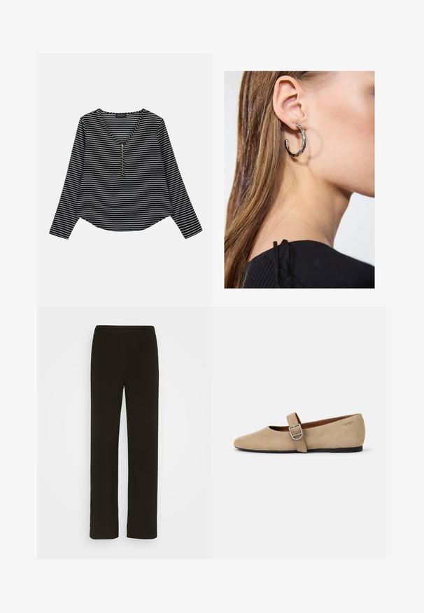 Zwart-witte gestreepte longsleeve top met een v-hals en een rits in het midden. De stof lijkt glad, met een ontspannen, iets cropped pasvorm.; Zwarte, rechte broek van geweven stof, met een platte voorkant, twee zijzakken en een gladde textuur. Geen zichtbare patronen of accenten.; Beige suède Mary Jane balletschoenen met een spitse neus en een enkele verstelbare band met een zilveren gesp. Zwarte platte zool.; Zilveren oorbel met een gepolijste afwerking, met kleine gouden accentdetails en een ronde vorm, gedragen op de oorlel.