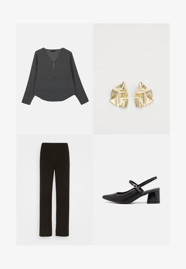 Zwart-witte gestreepte longsleeve top met een v-hals en een rits in het midden. De stof lijkt glad, met een ontspannen, iets cropped pasvorm.; Zwarte, rechte broek van geweven stof, met een platte voorkant, twee zijzakken en een gladde textuur. Geen zichtbare patronen of accenten.; Zwarte gepolijste leren slingback hakken met een spitse neus, een ronde uitsnede en een blokhak. Voorzien van een gouden gespaccent.; Gouden metallic oorbellen met een golvend ontwerp; glad, weerspiegelend oppervlak; asymmetrische vorm; geen zichtbare patronen of hardware.