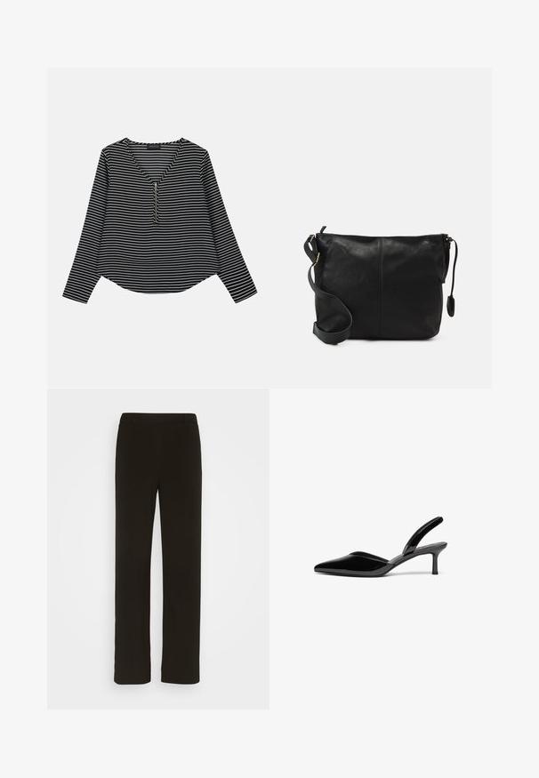 Top de manga larga a rayas blanco y negro con escote en V y cremallera en el centro. La tela parece suave, con un ajuste relajado y ligeramente corto.; Pantalones negros de pierna recta, confeccionados en tejido plano, con frente liso, dos bolsillos laterales y una textura suave. Sin patrones ni adornos visibles.; Tacones slingback de charol negro con punta afilada, tacón de aguja bajo y un diseño elegante y simple sin adornos.; Bolso cruzado de cuero negro con forma plana, acentos de hardware dorado y correa ajustable. Textura suave con detalles de costura mínimos.