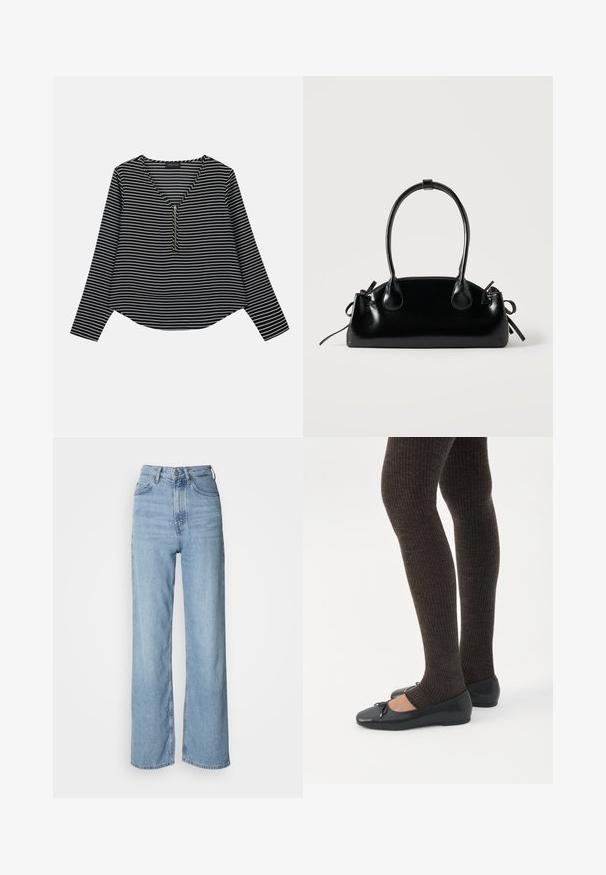 Zwart-witte gestreepte longsleeve top met een v-hals en een rits in het midden. De stof lijkt glad, met een ontspannen, iets cropped pasvorm.; Lichtblauwe high-waisted jeans met een rechte pijp, gemaakt van denim, met een sluiting aan de voorkant met knopen en subtiele vervagingdetails.; Benen met donkere geribbelde leggings gecombineerd met zwarte ballerina's met kleine strikdetails op een witte achtergrond.; Kleine zwarte glanzende handtas met twee lange hengsels en zijkant trekkoord details op een effen lichte achtergrond.