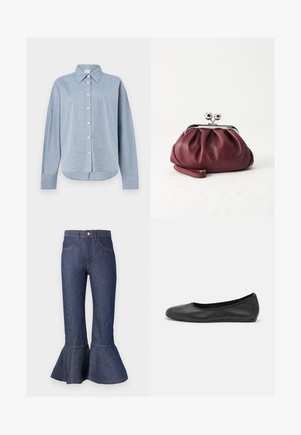 Lichtblauw overhemdd met lange mouwen, gemaakt van lichtgewicht stof, met een puntige kraag en een gebogen zoom. Klassieke knoopdetails.; Donkerblauwe denim flared jeans met een gerimpelde zoom, vijf zakken en contrasterende oranje stiksels. Middenhoogte tailleband met een sluiting met een voorknop.; Zwarte leren ballerina met een ronde neus, gladde textuur, minimale stikdetails en een flexibele zoolontwerp.; Kleine bordeauxrode leren clutch-portemonnee met zilverkleurige metalen sluiting en polsbandje op een witte achtergrond.