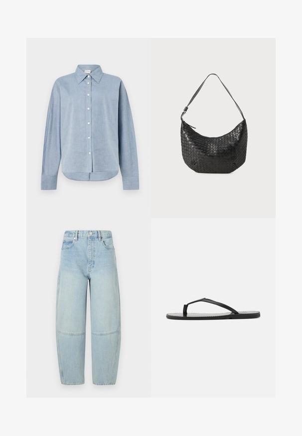 Chemise boutonnière bleu clair en tissu léger, dotée d'un col pointu, de manches longues et d'un ourlet arrondi. Détails classiques des boutons.; FRAME THE TWISTED - Jean boyfriend - light blue; Tongs noires au design minimaliste, avec des sangles fines et une semelle plate. Le matériau semble être du plastique avec une texture lisse.; Sac à main en cuir tissé noir d'une forme courbée, avec une seule bandoulière et une fermeture éclair. La finition texturée ajoute de la profondeur au design.