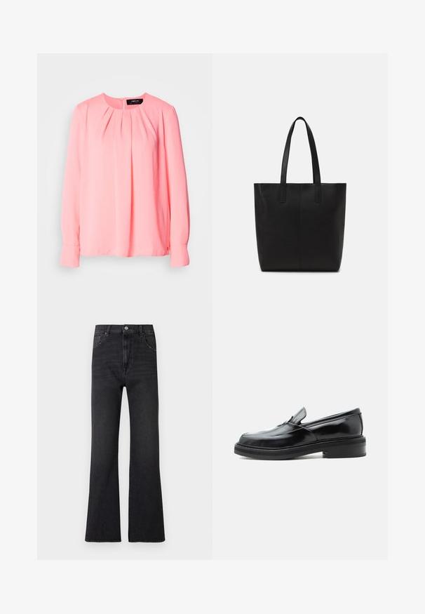 Blusa de manga larga en rosa brillante, con cuello redondo, diseño de frente con pliegues y mangas con puños que tienen un pequeño detalle de botón.; Vaqueros acampanados negros de tela vaquera, con cintura alta, dos bolsillos delanteros y un sutil desgaste. Cinco trabillas para cinturón y cierre clásico con botón metálico.; Mocasín slip-on de cuero negro con tacón bajo y puntera cuadrada redondeada, mostrado de lado sobre un fondo blanco liso.; Bolso tote negro hecho de material texturizado, con dos asas largas y un diseño simple y minimalista sin herrajes visibles.