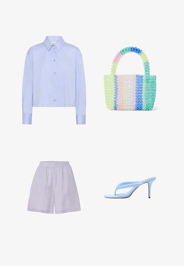 Camisa corta de botón azul claro con cuello, mangas largas y botones transparentes. Detalle sutil del logo en el pecho.; Pantalones cortos de lavanda clara hechos de una tela suave, con una cinturilla elástica y un corte relajado, presentando un diseño simple y sin adornos.; Sandalia de tacón alto de color azul claro con suela delgada, tiras finas acolchadas y tacón de aguja rígido, mostrada de lado sobre fondo blanco.; Pequeño bolso hecho de cuentas redondas translúcidas en colores pastel que incluyen verde, rosa, azul y blanco, con un asa redondeada.
