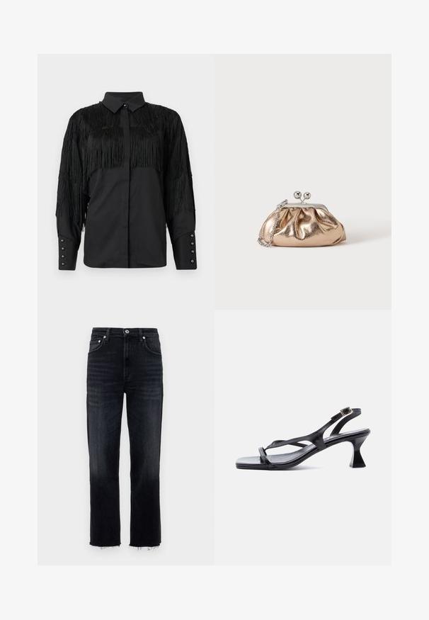 Schwarze Bluse mit fransigen Akzenten an den Schultern und am Rücken, mit einer durchgehenden Knopfleiste und langen Ärmeln. Perlenartige Knöpfe an den Manschetten.; Hochgeschnittene, gerade Jeans aus dunkel gewaschenem Denim mit fransigem Saum und klassischem Fünf-Taschen-Design mit silbernen Hardware-Elementen.; Schwarze Ledersandale für Damen mit dünnen Riemen, quadratischer Spitze, verstellbarer Schnalle am Knöchel und ausgestelltem, mittelhohem Absatz.; Kleine goldene Metallic-Clutch mit silbernem Verschluss und Kettengurt auf einfachem hellem Hintergrund.