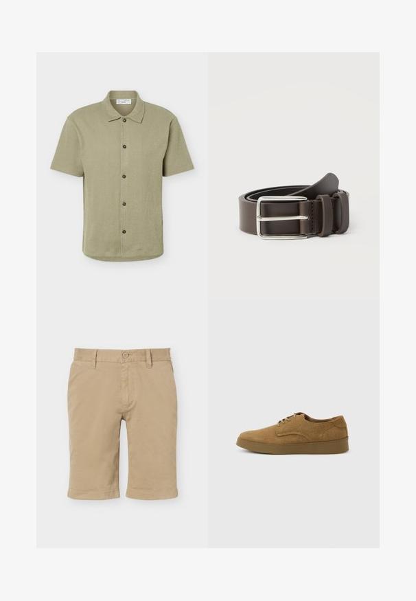 Chemise à manches courtes boutonnée vert olive clair avec un col classique et cinq boutons foncés sur le devant.; Shorts en coton beige jusqu'au genou avec fermeture par bouton et fermeture éclair, passants pour ceinture, et poches latérales sur fond blanc.; Chaussure décontractée à lacets en daim marron avec semelle en caoutchouc plate, vue de côté sur un fond clair uni.; Ceinture en cuir marron avec une boucle en métal argenté, présentant une texture lisse et un design simple. Comprend une boucle pour l'ajustement et la fixation.