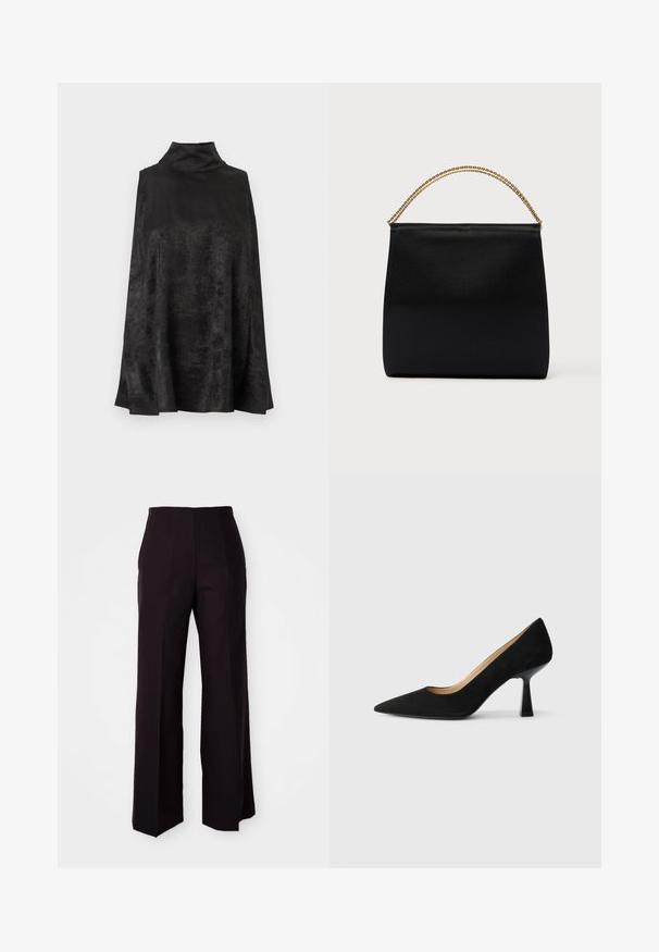 Schwarzer Poncho mit hohem Kragen, aus weichem, strukturiertem Stoff. Verfügt über ein fließendes Design und ist knielang mit einem leichten Glanz.; Schwarze weite Hose mit hoher Taille, aus einem glatten Material und dezenten Vorderfalten, maßgeschneidert für eine strukturierte Passform.; Schwarze Wildleder-Pumps mit hohem Absatz und spitzer Zehenform, ausgestattet mit einem glänzenden schwarzen Blockabsatz und einem glatten Innenfutter.; Schwarze Tasche aus glattem Stoff mit strukturierter Form, einem Griff aus goldener Kette und minimalistischem, geometrischem Design.