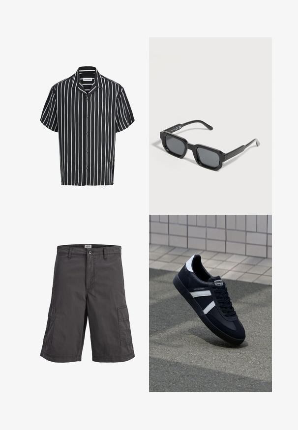 Chemise noire à manches courtes avec boutons, rayures verticales blanches et col pointu, de la marque Jack & Jones.; Short cargo gris foncé avec poches latérales, fermeture à bouton, passants de ceinture et coutures apparentes sur fond blanc.; Sneaker en cuir noir avec des rayures blanches, semelle en caoutchouc texturée et devant à lacets. Présente une étiquette de marque sur la languette.; Lunettes de soleil rectangulaires noires avec des montures épaisses et des verres teintés foncés, inclinées sur un fond blanc.