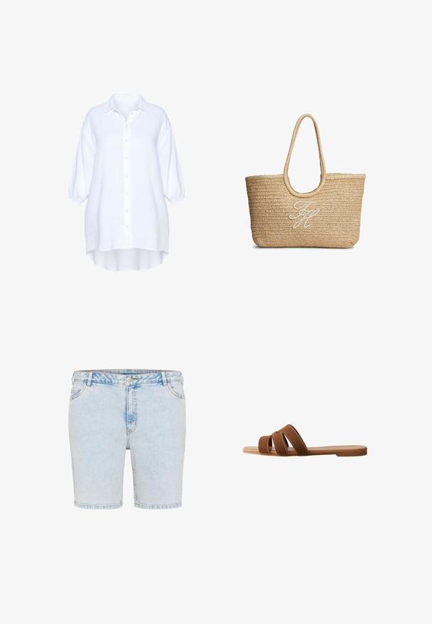 Hvid oversized skjorte med knapper lavet af tekstureret stof, med klassisk krave, store ærmer og asymmetrisk skørt.; Lyseblå denimshorts med lige snit, fem lommer og synlige stikninger. Har en lukning med knap og lynlås.; Brun ruskindssandal med tre overlappende remme, en flad sål og kontrasterende hvide syninger på remmene som detalje.; Flettet beige stråtaske med runde håndtag og hvide broderede kursivinitialer midt på forsiden.