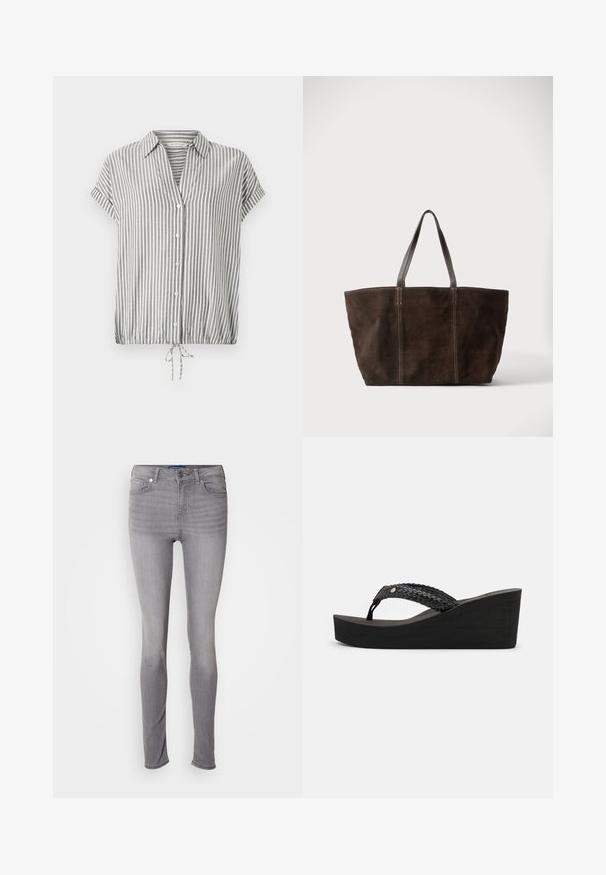 Gestreifte kurzärmelige Bluse in Grau und Weiß, mit V-Ausschnitt, Knopfleiste und Kordelzugsaum für eine verstellbare Passform.; Graue Skinny Jeans aus Denim-Material, mit Five-Pocket-Design, Gürtelschlaufen, frontalem Knopfverschluss und leichtem Verblassungsmuster an den Beinen.; Schwarze Keilsandalen mit einem gewobenen Riemendesign, das eine strukturierte Oberfläche bietet und eine bequeme Plattform hat. Keine sichtbaren Marken oder Verzierungen.; Dunkelbraune Wildleder-Shopper-Tasche mit zwei schwarzen Ledergriffen und vertikalen Steppnähten, vor einem schlichten hellen Hintergrund gezeigt.