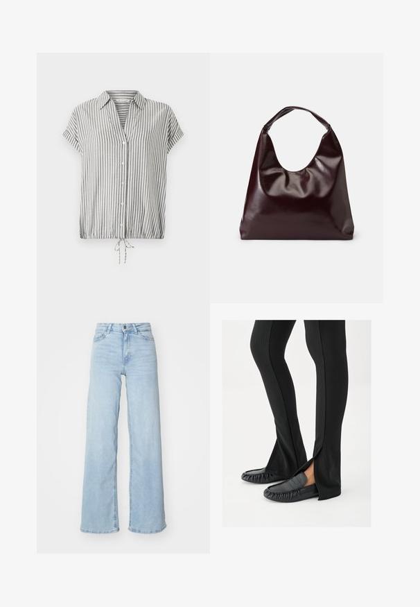 Gestreepte blouse met korte mouwen in grijs en wit, met een v-hals, knoopsluiting aan de voorkant en een trekkoord onderaan voor een verstelbare pasvorm.; Lichtblauwe wijde jeans van denim. Met een hoge taille, knoopsluiting aan de voorkant en twee zakken. Gladde textuur met subtiele vervaging.; Benen met zwarte wijde broeken met zijopeningen, gecombineerd met zwarte leren mocassins, op een witte achtergrond.; Bordeaux, glanzende vegan leren totebag met een zachte, sculpturale vorm en een brede, gebogen handgreep voor makkelijk dragen.
