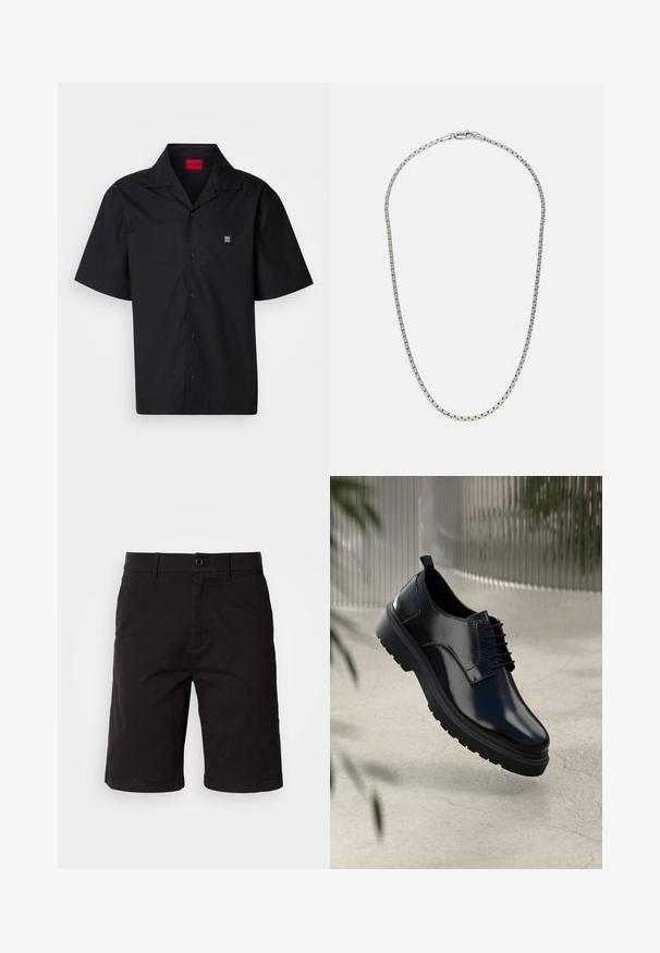 Camisa negra de manga corta hecha de algodón. Cuenta con un collar puntiagudo, cierre frontal de botones y un pequeño logo en el lado izquierdo del pecho. Textura suave.; Shorts negros fabricados con un tejido ligero, con cierre de botón en la parte delantera, pasadores para cinturón, bolsillos laterales y un corte recto con dobladillos enrollados.; Zapato de cuero negro con un acabado brillante, puntera redonda, diseño de cordones, costuras de contraste y una suela de goma gruesa con patrones de tracción.; Collar de cadena de plata con un diseño de eslabones alternos. Presenta eslabones planos y rectangulares, así como un cierre seguro, con una textura suave en toda su extensión.