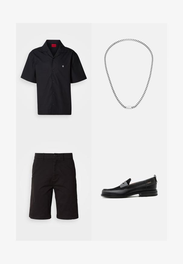 Camisa negra de manga corta hecha de algodón. Cuenta con un collar puntiagudo, cierre frontal de botones y un pequeño logo en el lado izquierdo del pecho. Textura suave.; Shorts negros fabricados con un tejido ligero, con cierre de botón en la parte delantera, pasadores para cinturón, bolsillos laterales y un corte recto con dobladillos enrollados.; Mocasín de cuero negro con detalle de tira gris, tacón bajo y suela texturizada, con la marca "HUGO" en oro en el lateral.; Collar de cadena de plata que presenta eslabones alternados pulidos y mate, con una etiqueta de marca rectangular grabada en el centro frontal.
