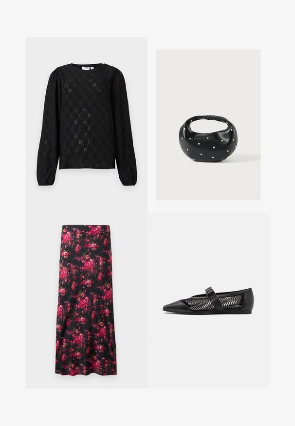 Blouse noire à manches longues avec col rond, délicate broderie en œillets et manches légèrement bouffantes avec poignets élastiques.; Jupe midi florale noire, dotée d'un motif vibrant de fleurs roses et rouges. Tissu lisse, forme évasée, avec un ourlet large.; Chaussure plate noire avec un bout pointu, panneaux latéraux en maille et une sangle avec une boucle décorative. Fini lisse sur les sections du bout et du talon.; Sac à main en cuir noir de forme arrondie, décoré de clous argentés et équipé d'une poignée courte. Texture lisse et fermeture éclair.