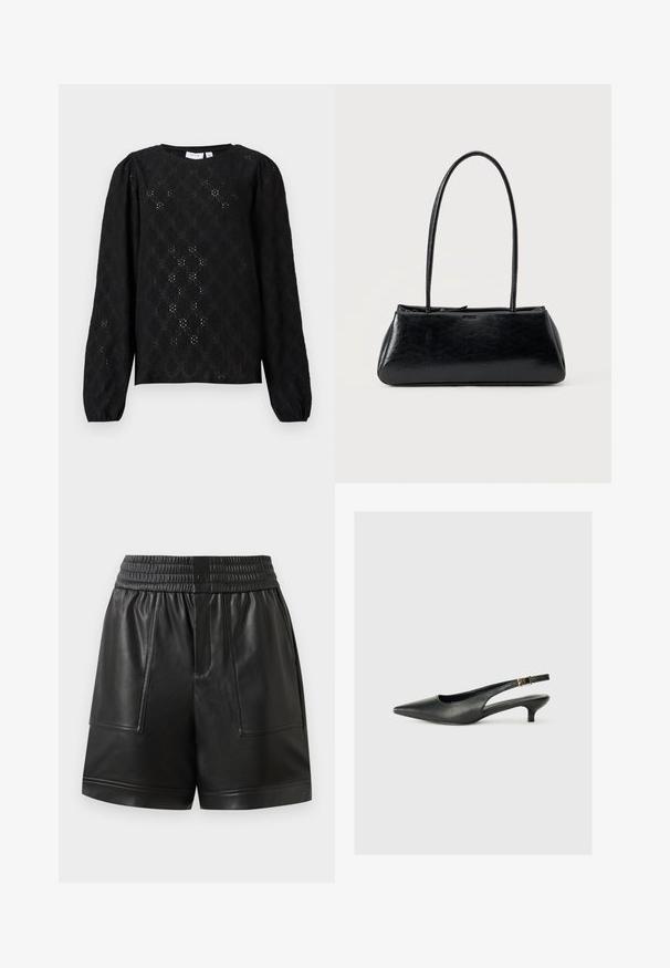 Blusa negra de manga larga con cuello redondo, delicada bordado de ojales y mangas ligeramente abullonadas con puños elásticos.; Pantalones cortos de imitación cuero negro con cinturilla elástica, botón a presión en la parte delantera, grandes bolsillos de parche en la parte delantera y dobladillo recto.; Zapato de tacón slingback negro de punta afilada, hecho de cuero suave. Presenta un tacón delgado y un detalle de hebilla en la correa ajustable.; Bolso de hombro rectangular negro con correas largas y delgadas y una textura lisa y brillante sobre un fondo liso.