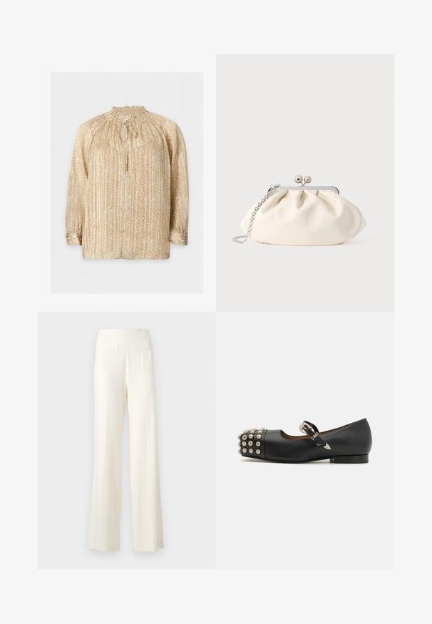 Langærmet beige bluse med lille hvid prikmønster, rynket halsudskæring med bindebånd og frynser samt elastiske manchetter på hvid baggrund.; Hvide bukser med vidde i stoffet med tekstur, der har subtile lodrette striber og to baglommer.; Sort læder Mary Jane-stil flad sko med rund tå, der har en dekorativ nitterpynt på tåhætten og en spænde-rem.; Cremefarvet stofclutch med et rynket design, sølv metalramme, to dekorative kugler og en sølvkæde som rem.