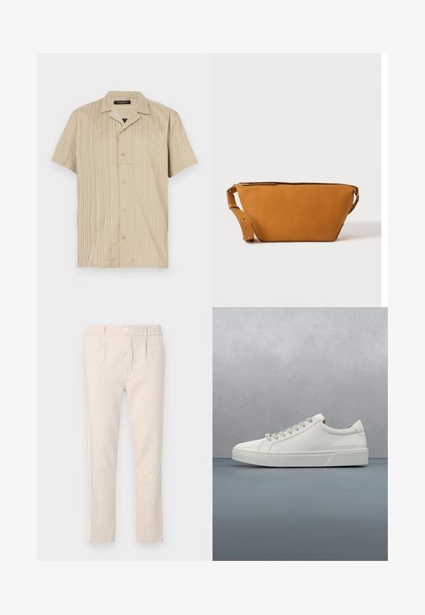 Kortærmet beige skjorte med lodret ribbet struktur, krave-design, knaplukning og en afslappet pasform.; Beige mønstrede bukser med et diskret bladmotiv, veltilpassede, med knaplukning og sidelommer. Glat stoffetekstur.; Hvid lædersneaker med rund tå, minimalistisk design, grå snørebånd og en tekstureret grå gummisål. Subtile syningsdetaljer er synlige.; Lys brun læder crossbody taske med justerbar rem og lynlås, vist mod en ensartet lys baggrund.