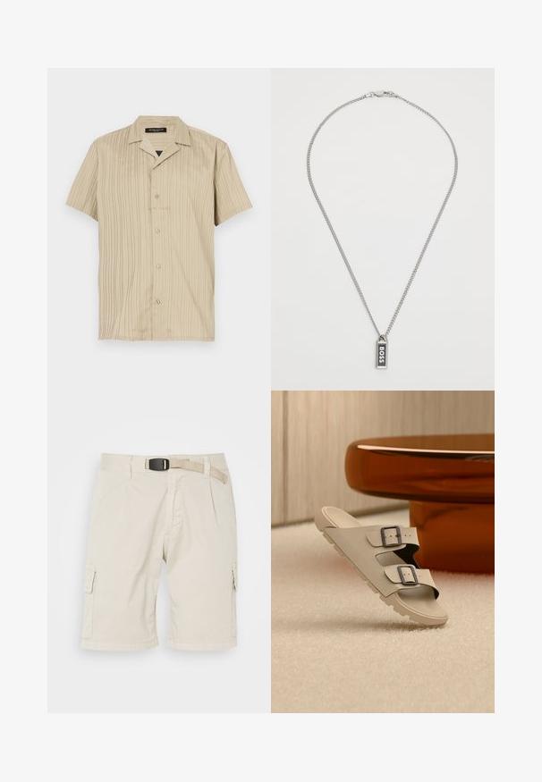 Beige lyhythihainen paita, jossa on pystysuora kurkistus, kauluspaita, napitus ja rento istuvuus.; Beige cargo-shorts, joissa on suora etuosa, vyölenkit, pleated-osuus, sivutaskut ja teksturoitu kangas. Pituus ulottuu reiden puoliväliin.; Beigenvärinen sandaali, jossa on kaksi mustaa solkea, tasapainottelee valkoisella teksturoidulla lattialla pyöreän, kiiltävän meripihkanvärisen pöydän edessä minimalistisessa huoneessa.; Hopeaketju, jossa on suorakulmainen riipus, jossa lukee sanat "BOSS" lihavoinnilla valkoisilla kirjaimilla mustaa taustaa vasten.