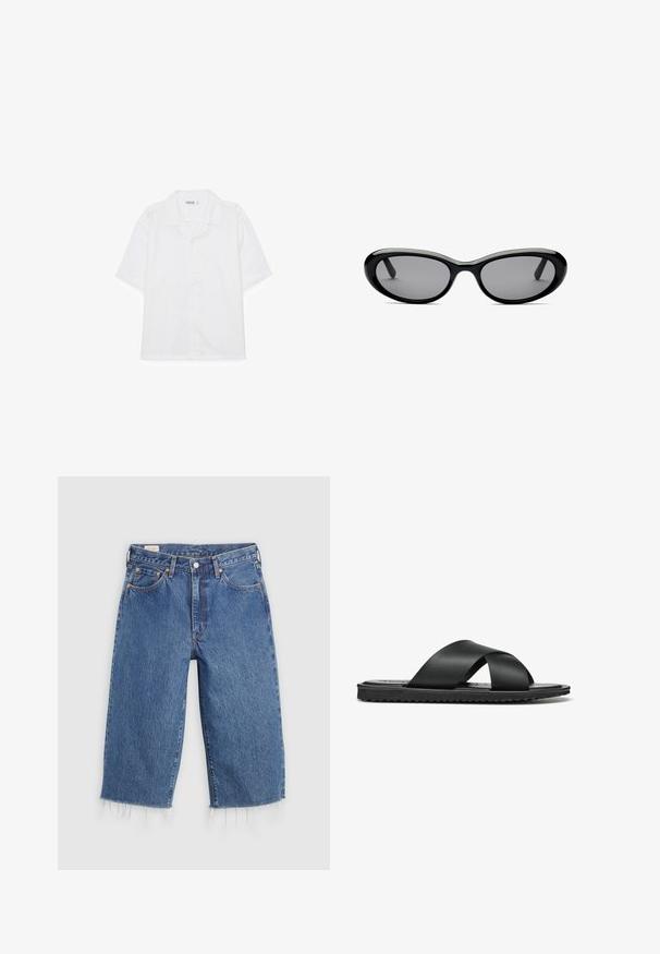 Camisa blanca de manga corta con botones, cuello campestre y dobladillo recto, mostrada sobre un fondo blanco.; Pantalones de mezclilla azul con un corte holgado, longitud cropped y dobladillo deshilachado. Cuenta con cinco bolsillos y un cierre de botón en la cintura.; Sandalias planas negras con diseño de tiras cruzadas, elaboradas en material suave, con una suela texturizada y detalles minimalistas.; Gafas de sol ovaladas negras con lentes tintadas oscuras y montura gruesa y brillante, mostradas desde el frente sobre un fondo blanco.