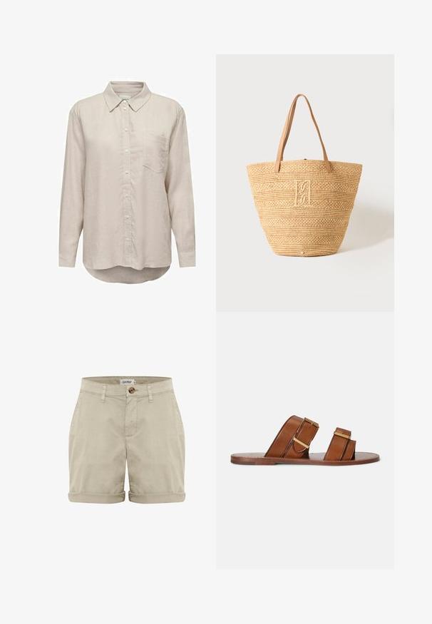 Lys beige langærmet skjorte lavet af tekstureret stof, med en knap-ned krave, fuld frontknaplukning og en enkelt brystlomme.; Beige bomuldsshorts med oprevet kant, med en frontknaplukning og syede lommer. Glat tekstur med minimal dekoration.; Brune læder slidesandaler med to justerbare stropper, spænder i guldfarve og en flad træsål.; Beige vævet stråtaske med to lysebrune læderhåndtag og et diskret broderet monogram i midten foran.