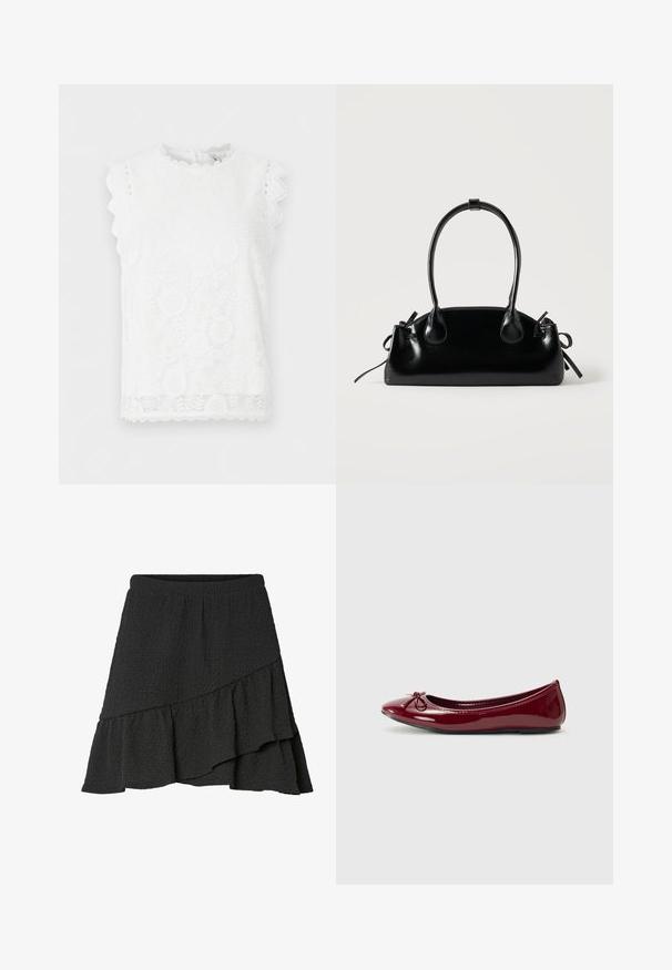 Blusa blanca sin mangas de encaje con patrones florales, bordes festoneados en las mangas y el dobladillo, y un escote redondo.; Falda envolvente negra con textura, bajo asimétrico con volantes y cintura elástica.; Bailarina en charol burdeos brillante, con punta redondeada y pequeño lazo en la parte frontal. Textura suave, tacón bajo.; Pequeño bolso negro brillante con dos asas largas y detalles de cordón lateral sobre un fondo claro liso.