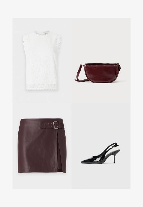 Blusa blanca sin mangas de encaje con patrones florales, bordes festoneados en las mangas y el dobladillo, y un escote redondo.; Falda de piel sintética burdeos con cintura ceñida y hebilla metálica, que presenta un corte lateral y una textura suave y pulida.; Zapato tipo slingback de charol negro con punta afilada y tacón delgado. Cuenta con una correa ajustable con hebilla en la parte trasera. Textura suave.; Bolso de mano de cuero granate con forma de media luna, cierre de cremallera y una correa desmontable. Textura suave con un brillo sutil.