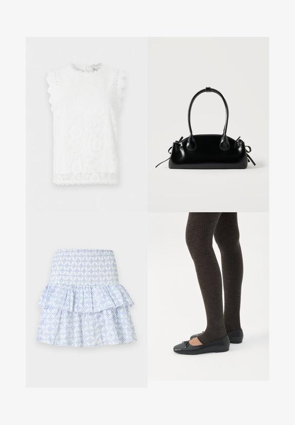 Blouse blanche sans manches en dentelle avec motifs floraux, bords festonnés sur les manches et l'ourlet, et un col rond.; Jupe blanche avec motif floral géométrique bleu, taille smockée et design à volants superposés.; Jambes portant des leggings côtelés foncés associés à des ballerines noires avec de petits détails en nœud sur fond blanc.; Petit sac à main noir brillant avec deux longues anses et des détails à cordon sur les côtés sur un fond clair uni.