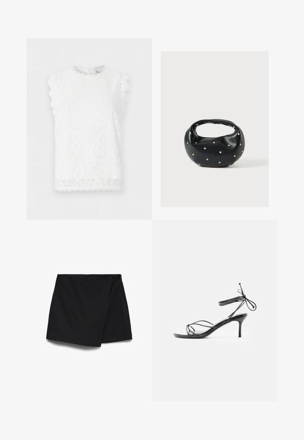 Blouse blanche sans manches en dentelle avec motifs floraux, bords festonnés sur les manches et l'ourlet, et un col rond.; Mini-jupe asymétrique noire avec devant drapé et fermeture éclair latérale.; Sandale noire à talons hauts avec lanières fines à la cheville et talon stiletto de hauteur moyenne sur fond blanc.; Sac à main en cuir noir de forme arrondie, décoré de clous argentés et équipé d'une poignée courte. Texture lisse et fermeture éclair.