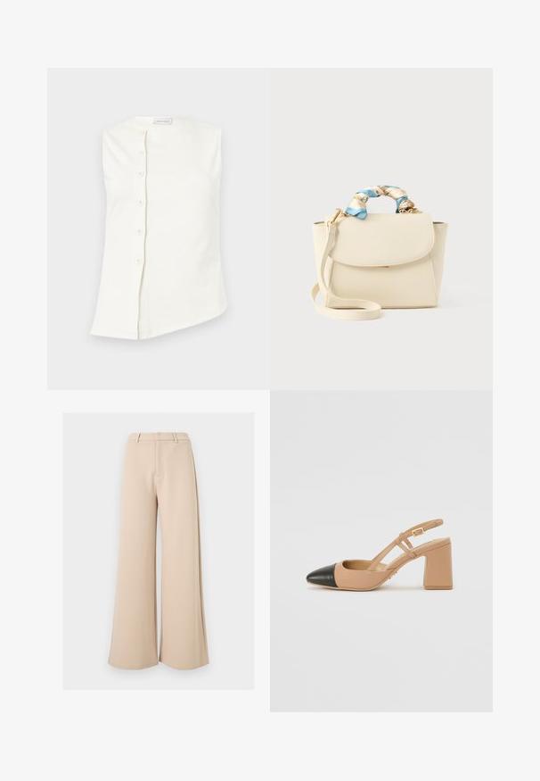 Top blanco sin mangas con cuello redondo y cierre frontal asimétrico con seis botones en el lado izquierdo.; Pantalones beige de tiro alto y pierna ancha con trabillas para el cinturón y cierre frontal oculto sobre fondo blanco.; Zapato slingback beige con puntera negra, tacón cuadrado alto y dos correas decorativas, fabricado en material suave.; Bolso de mano color crema con cierre de solapa, correa de hombro desmontable y tela floral azul y crema retorcida envolviendo el asa superior.