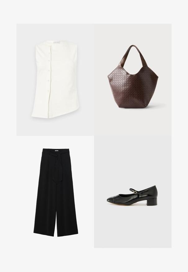 Haut blanc sans manches avec un col rond et une fermeture asymétrique à boutons sur le devant comportant six boutons sur le côté gauche.; Pantalons larges noirs en tissu texturé, avec une taille élastique et une ceinture à nouer amovible à la taille pour un ajustement variable.; ALDO DECIMA - Escarpins - black; Sac à bandoulière en cuir tressé marron foncé avec de larges anses et une forme trapézoïdale large sur un fond uni.