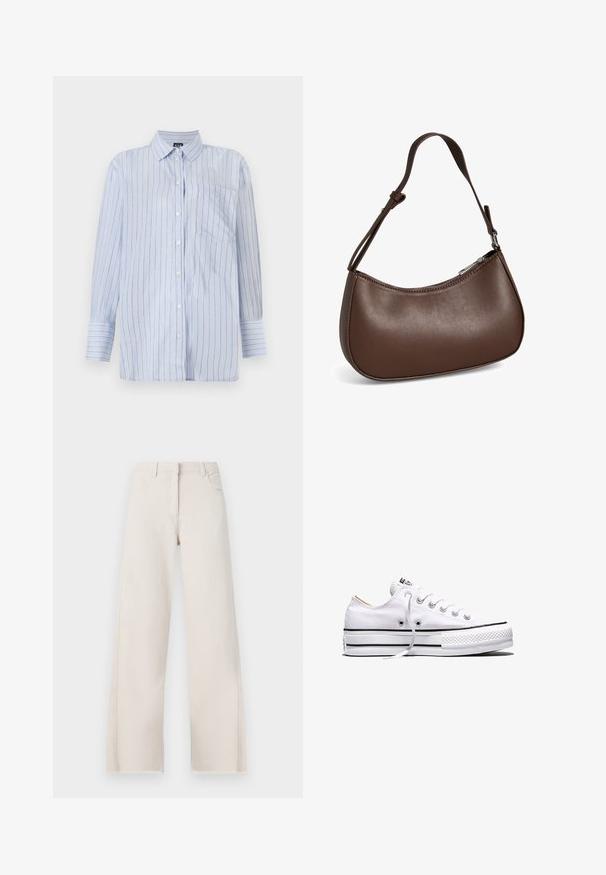 Chemise à boutons rayée bleue en coton léger, avec des rayures verticales blanches et fines rayures dorées, une poche poitrine et des manches longues.; Jeans larges en coton crème avec taille haute, cinq poches et ourlet effiloché. Texture lisse et couleur neutre.; Baskets basses en toile blanche avec lacets blancs, bandes noires sur la semelle et embout en caoutchouc texturé, vue de côté sur fond blanc.; Petit sac bandoulière en cuir marron avec sangle réglable et fermeture éclair, présenté sur fond blanc. Aucun logo ou décoration visible.