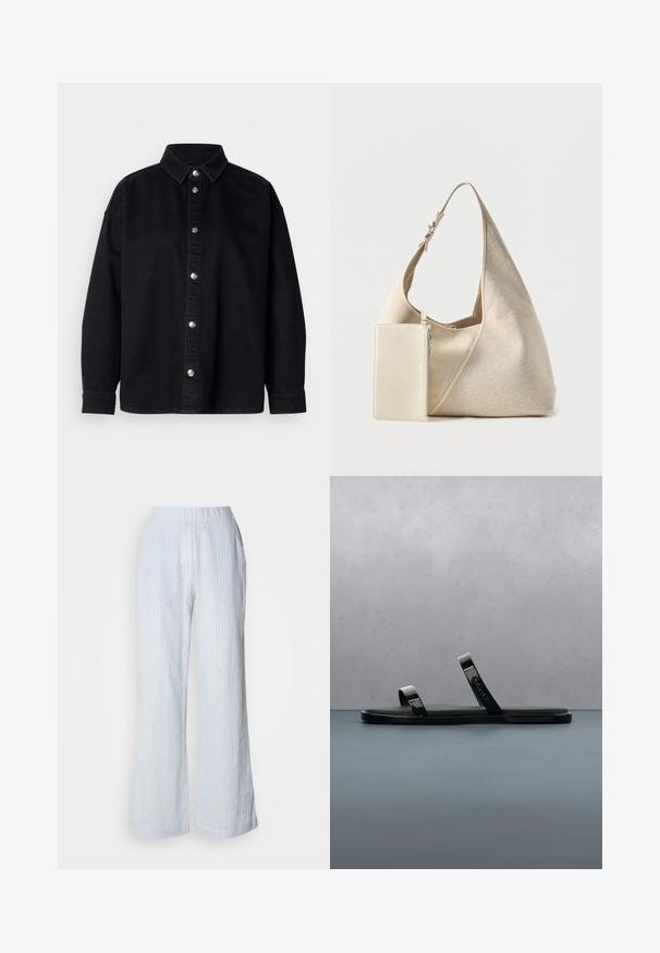 Sort denimskjorte med knaplukning foran, klassisk krave, lange ærmer og sølvfarvede metalknapper. Standard fit med en glat tekstur.; Lyseblå brede bukser med lodrette hvide og røde striber. Har en elastisk talje og sidelommer. Glat bomuldsagtig tekstur.; Sort slidesandal med to blanke stropper på en struktureret træ- og grusoverflade udendørs nær grønt område og en betonvæg.; Beige stof hobo taske med justerbar rem og vedhæftet lille rektangulær lynlåslomme i matchende farve.