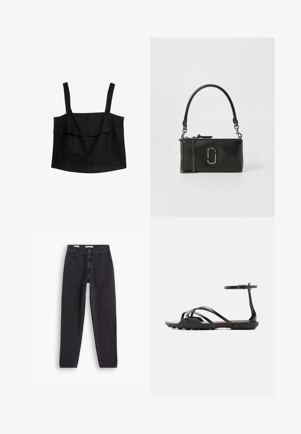 Sort linned top med lige snit, med brede stropper og en flæset forpanel, glat overflade og buet kant.; Sorte denim jeans med lige ben-design, der har fem lommer, lukning med knap foran og syninger langs sømmene.; Sort flad sandal med tynde remme, der krydser tæerne, og en ankelrem med spænde, med en let tekstureret sål for greb.; Sort læder håndtaske med en glat overflade, der har en lynlåslukning, en aftagelig kædestrop og en fremtrædende metallisk logo detalje.