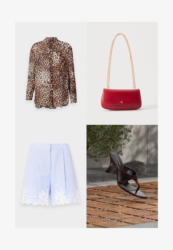 Langärmliges Button-Up-Hemd mit braunem und schwarzem Leopardenmuster auf hellem Hintergrund.; Blaue und weiße gestreifte Shorts mit einem plissierten Design, das einen Spitzensaum hat. Leichter Stoff mit einer weichen Textur.; Braune Calvin Klein Sandalette mit Absatz und Zehensteg, schwebend über einem Boden aus Holzfliesen und Kies im Freien, mit verschwommenem Grün und Stein im Hintergrund.; Rote Leder-Umhängetasche mit goldener Kettenriemen und kleinem goldenen „cK“-Logo auf der Vorderklappe.