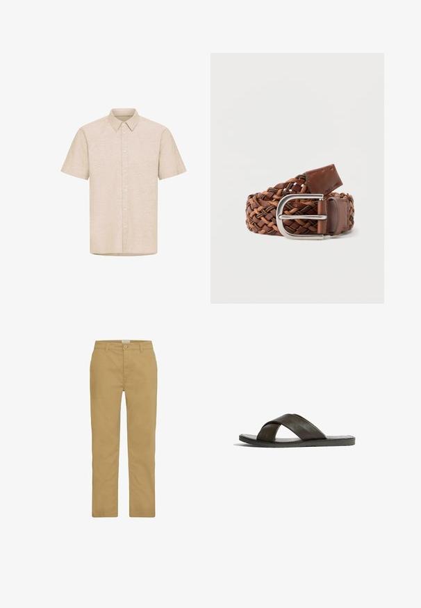 Chemise beige à manches courtes avec col pointu, boutons espacés uniformément sur le devant, design uni, présentée sur fond blanc.; Chinos kaki en coton, avec une coupe droite, fermeture à bouton et un style classique à quatre poches. Texture lisse et couture minimale.; Des sandales en cuir marron présentent des lanières croisées et une semelle plate. La texture est lisse avec un léger éclat. Design minimaliste et construction légère.; Ceinture en cuir tressé marron avec boucle en métal argenté, enroulée sur un fond blanc.