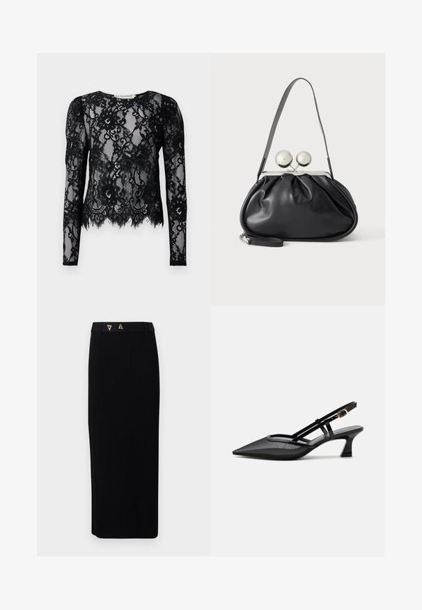 Schwarze Langarm-Spitzenbluse mit Blumenmustern, gewelltem Saum und rundem Halsausschnitt.; AERON FORUM - Bleistiftrock - black; Schwarzer spitzer Slingback-Schuh mit Mesh-Obermaterial, dünnen Riemen, goldener Schnalle und niedrigem, geschwungenem Absatz auf weißem Hintergrund.; Schwarze Ledertasche mit gerafftem Design, einem einzelnen Riemen, silbernem Metallrahmen und zwei großen runden silbernen Verschlüssen.