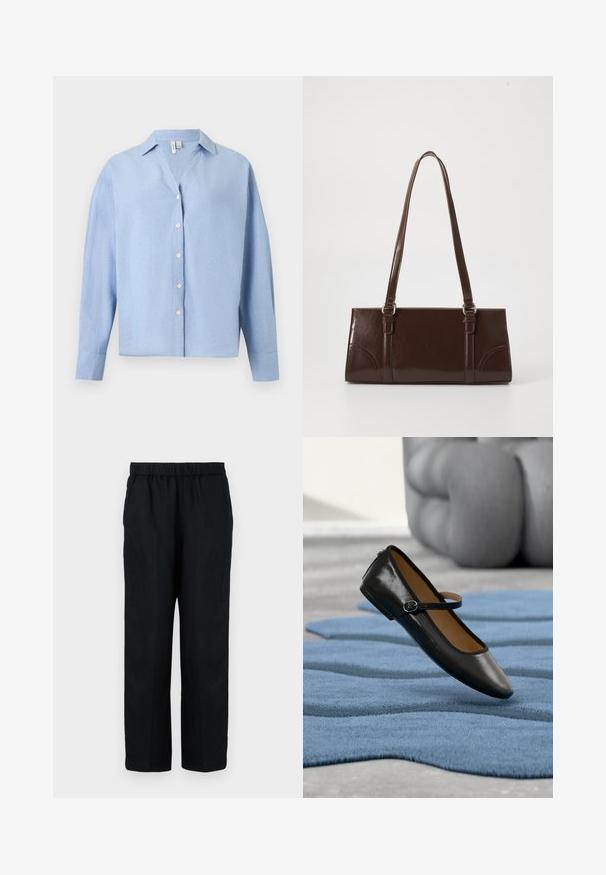Chemise bleu clair à manches longues avec boutons et col, présentée sur un fond uni.; Pantalon noir à jambes droites avec une taille élastique, fabriqué en tissu lisse, présenté sur un fond blanc uni.; Chaussure Mary Jane en cuir noir avec bride à boucle, posée sur un tapis bleu texturé, avec un canapé gris capitonné flou en arrière-plan.; Sac à main en cuir verni marron de forme rectangulaire, avec deux longues poignées et des accents courbés subtils à l'avant.