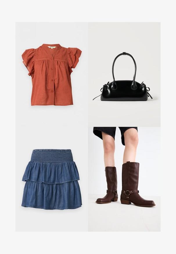 Rustfarvet kortærmet bluse med knapper foran, flæseærmer og en rund krave med en lille V-formet udskæring.; Blå lagdelt denimnederdel med bred smocktalje og to opsamlede lag på en ensfarvet baggrund.; Brune læder knæhøje støvler med rund tå, struktureret overflade, ankelrem og sølvhardware detaljer; stablet hæl.; Lille sort blank håndtaske med to lange håndtag og snøre-detaljer i siden på en ensfarvet lys baggrund.