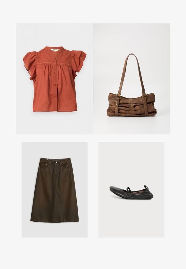 Blouse courte à manches courtes de couleur rouille avec fermeture boutonnée à l’avant, manches volantées et col rond avec un petit décolleté en V.; Jupe trapèze en denim marron avec taille haute, fente avant, rivets en cuivre et couture ton sur ton. Texture lisse, longueur au genou.; Chaussure plate en cuir noir avec bout rond, lanière élastique sur le dessus et petit détail de boucle au talon, vue de profil sur fond blanc.; Even&Odd Sac à main - brown